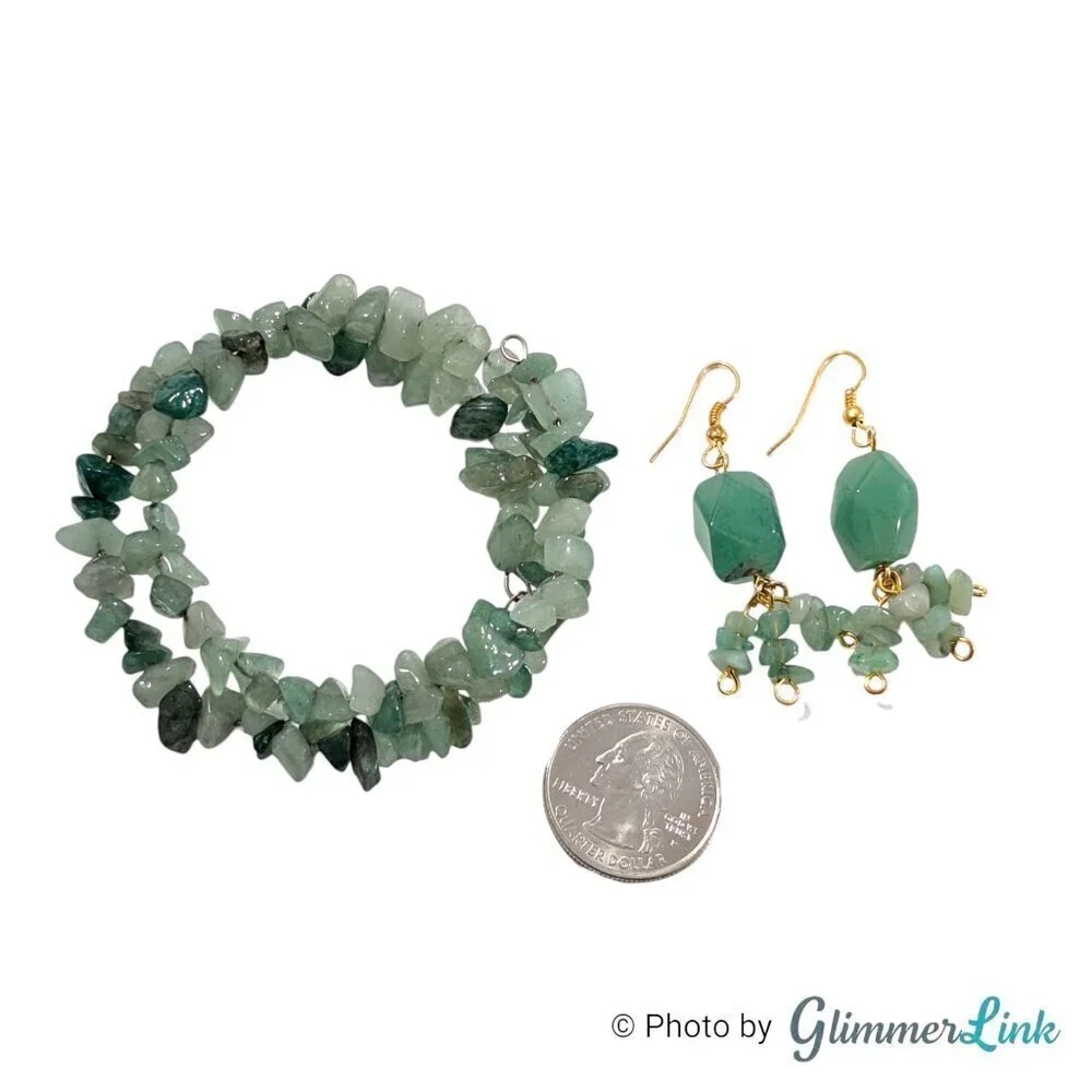 Aventurine Stone Chip Nugget Dangle Earrings & Wrap Around Bracelet Jewelry Set